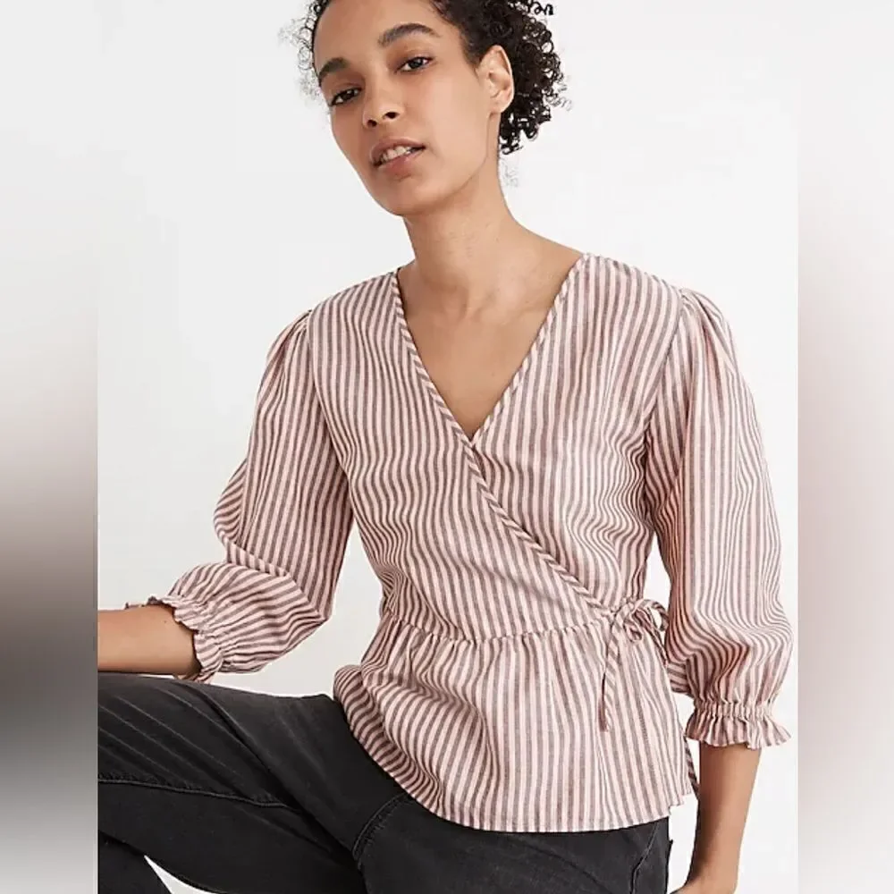 Madewell puff sleeve peplum wrap top stripe sweet tulip
